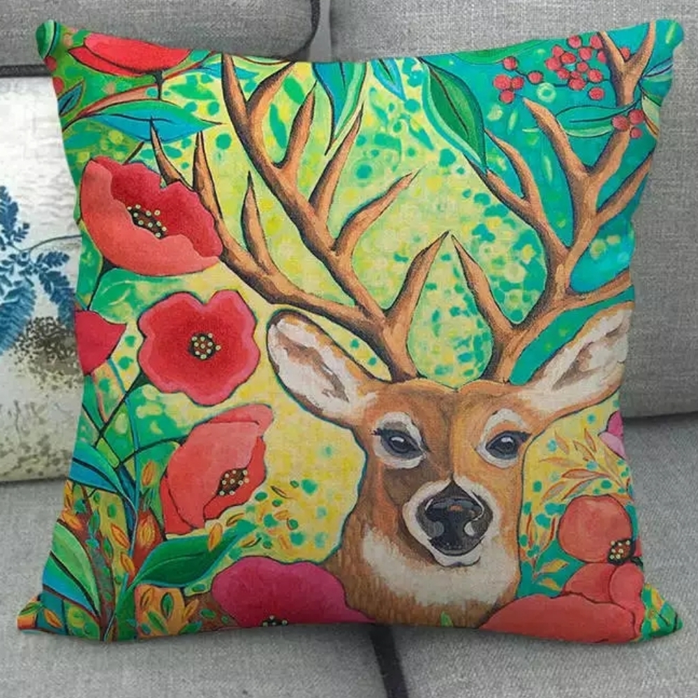 Deer Pillow Cover. Red Poppy Flower. Reindeer Leaf